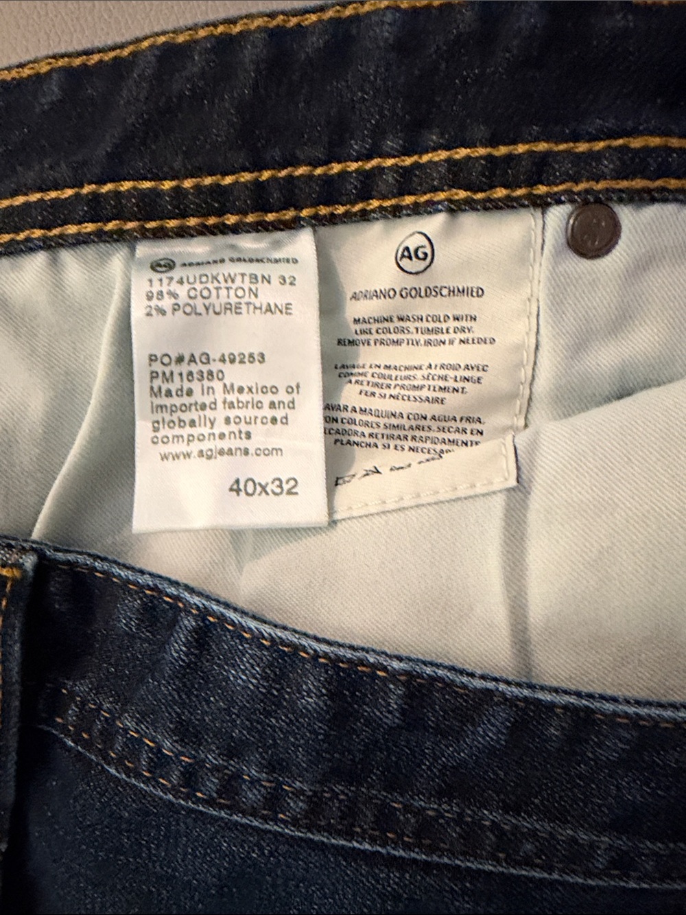Ag Adriano Goldschmmied Men's Relaxed Indigo Jeans with Gold Stitching
